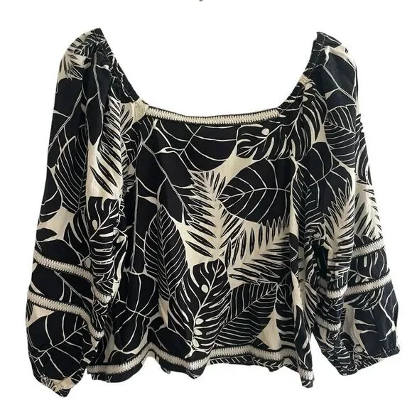 New Cynthia Rowley Anthropologie Black Creme Linen Leaf Print Top Women’s Sz XL - Picture 5 of 5